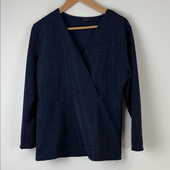 Ann Taylor Deep Blue Faux Wrap Blouse Size Large - Picture 1 of 7